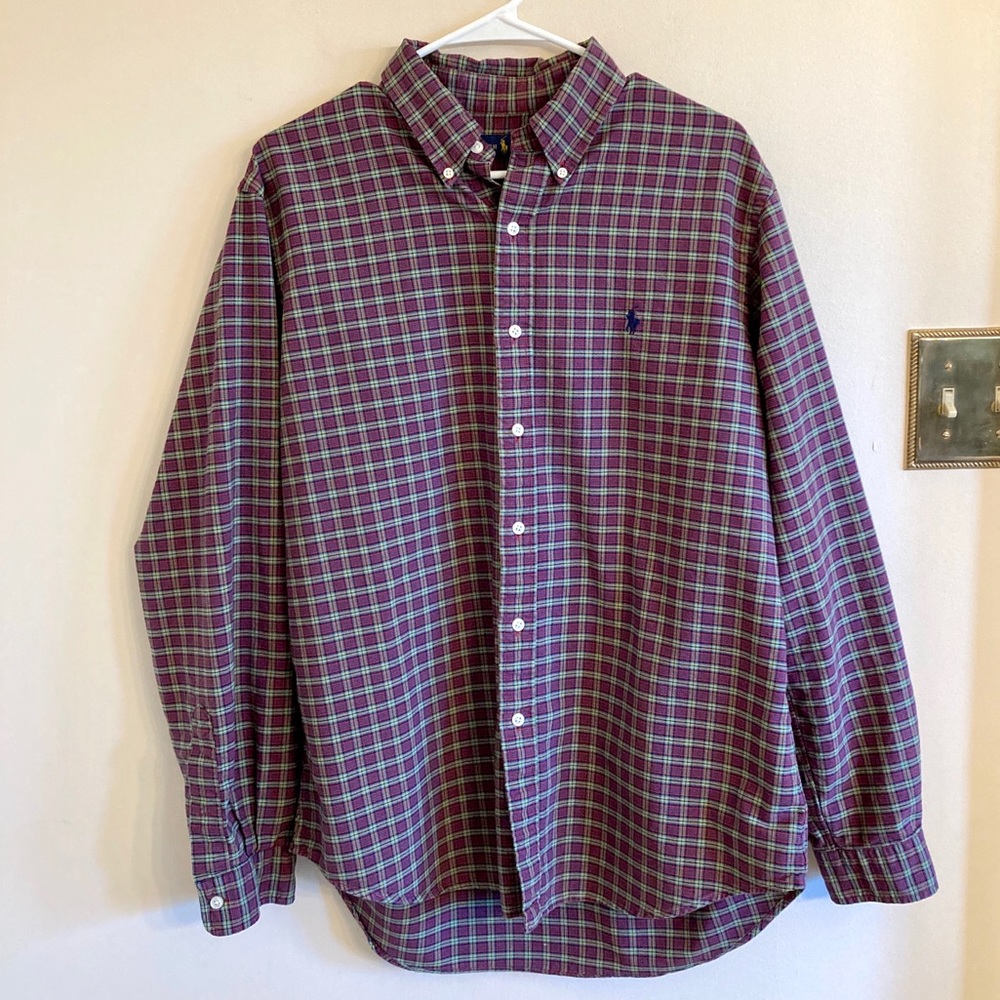 Ralph Lauren Men's Plaid Button-Down Shirt in Burgundy and Green